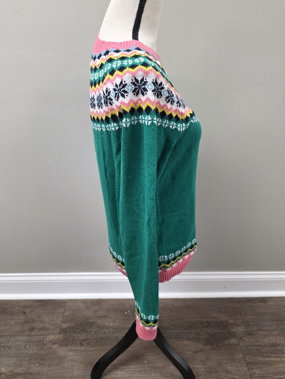 Talbots Green Fair Isle Crewneck Sweater with Pink Trim Size Small - Picture 4 of 7